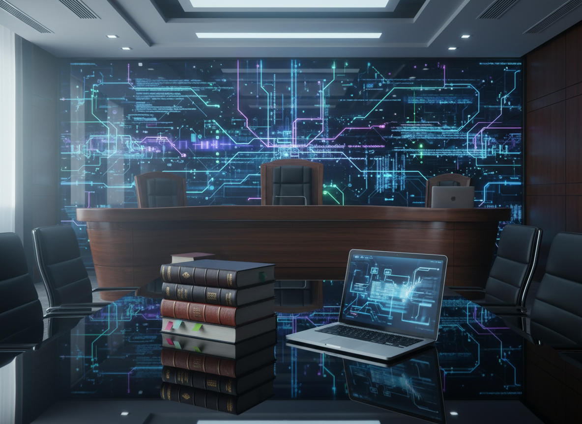 A sleek, modern courtroom interior where a large, polished dark-wood judge’s bench faces a glowing digital wall of abstract circuit patterns and data streams, symbolizing AI. In the foreground, a stack of thick, tabbed law books rests beside a slim, metallic laptop displaying a blurred legal interface, all on a reflective conference table. Cool, diffused overhead lighting mixes with a soft window glow, creating crisp reflections and gentle shadows. Shot at eye level with sharp focus throughout, the composition uses the rule of thirds to balance traditional legal elements against futuristic technology. The mood is serious, professional, and educational, with photographic realism and a clean, contemporary aesthetic that suggests learning about AI legal precedents without giving advice.